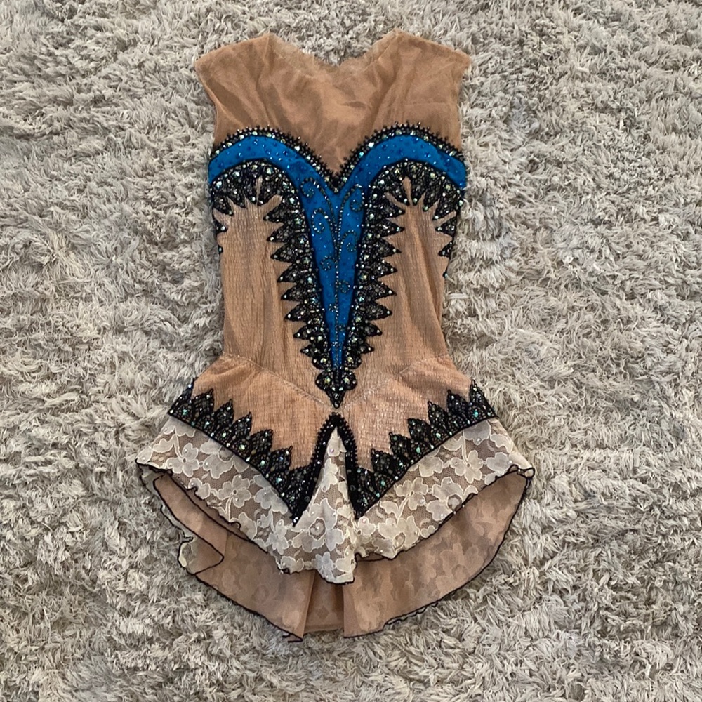 Blue and gold figure skating dress